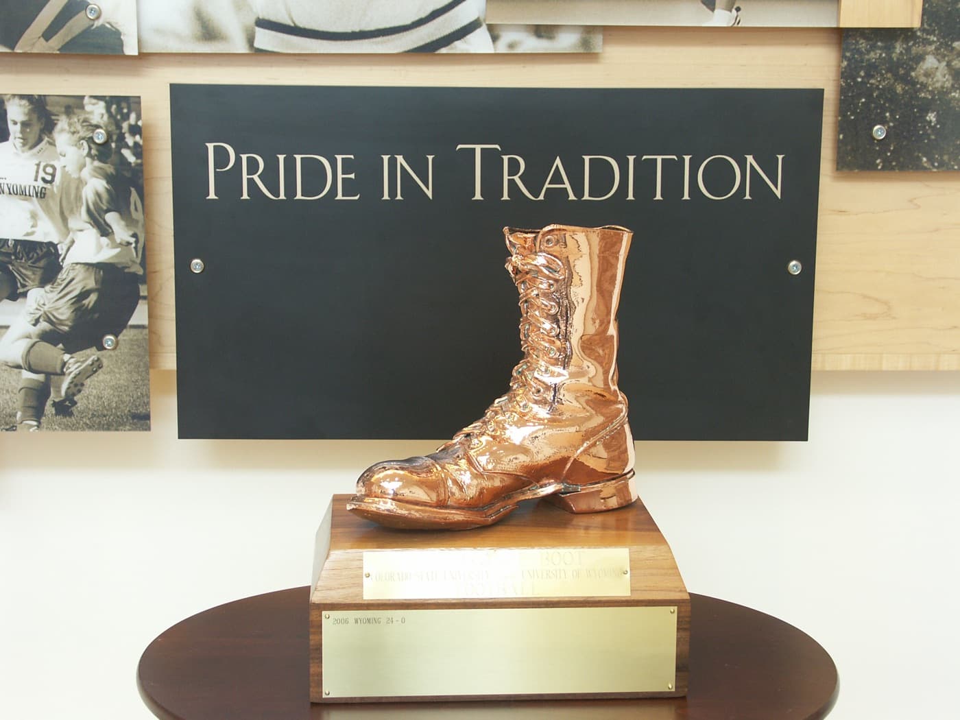 The Bronze Boot trophy on display in Laramie, photographed in 2007