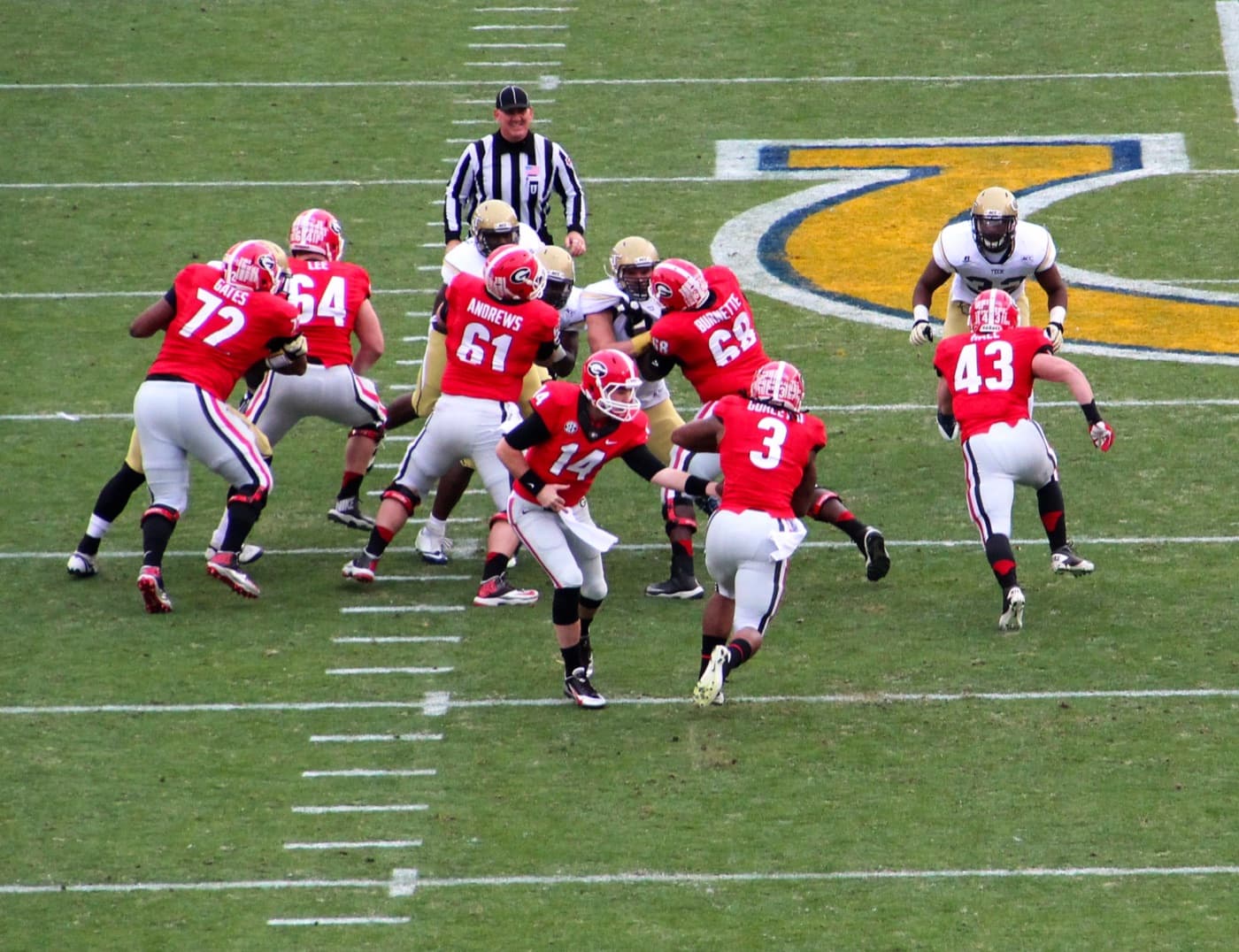 Georgia running back Todd Gurley with the ball against Georgia Tech on November 30, 2013