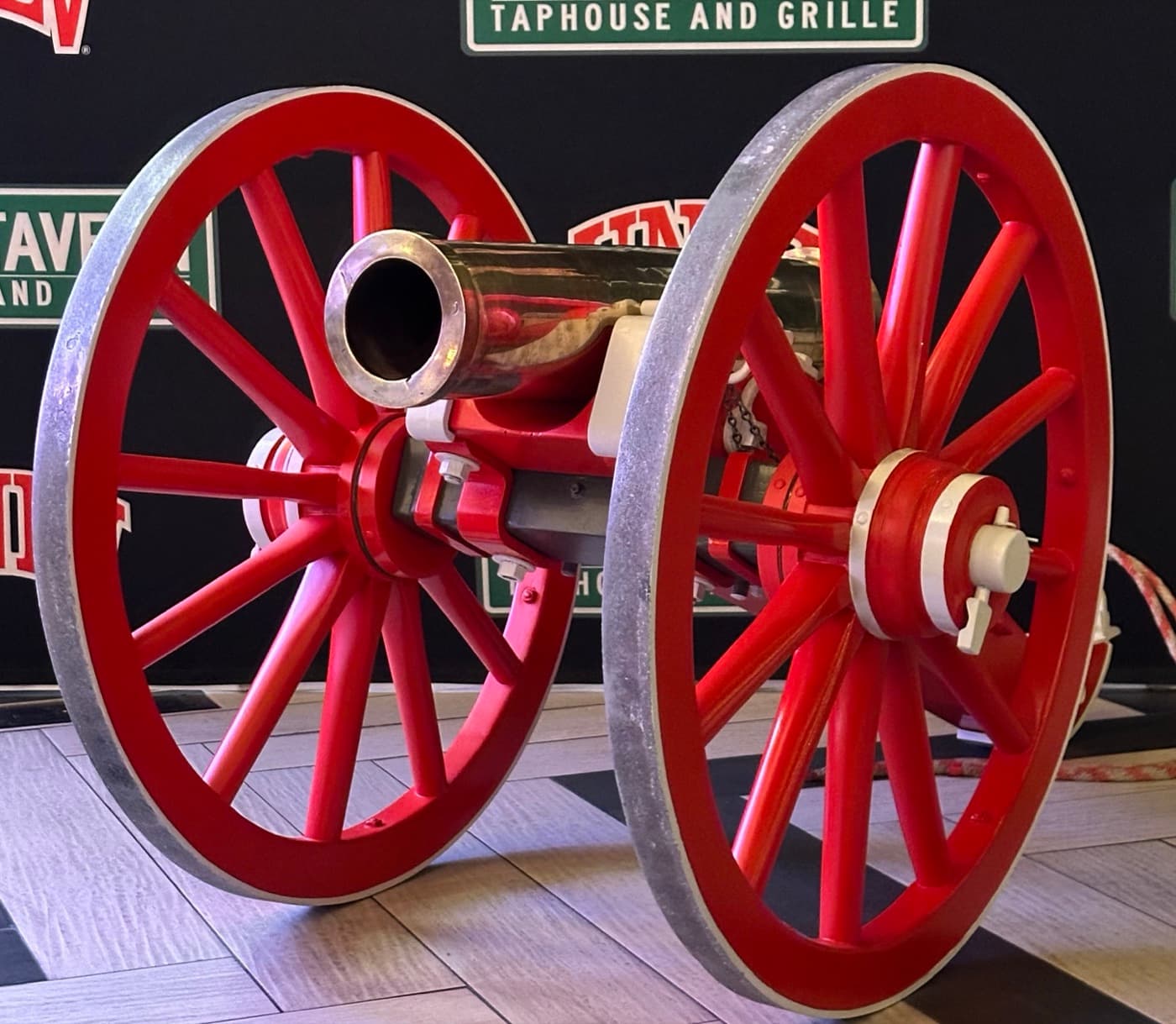 The Fremont Cannon trophy in 2024, carriage painted UNLV scarlet red