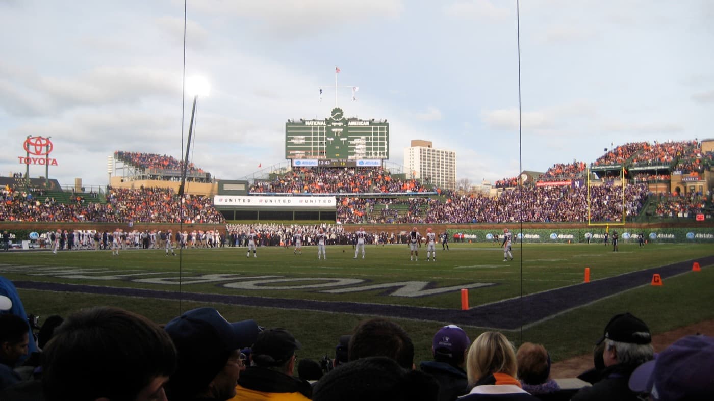 Wrigley Field's outfield and scoreboard during the 2010 Illinois-Northwestern game, the one-end-zone game