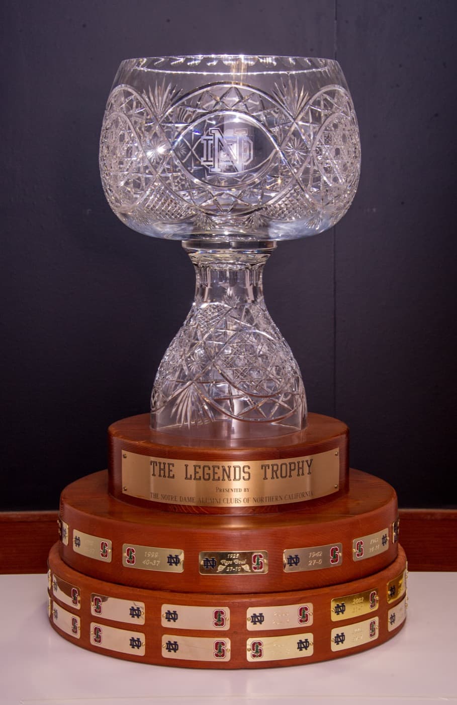 The Legends Trophy after its 2014 reconditioning, with new game score plates on the redwood base.