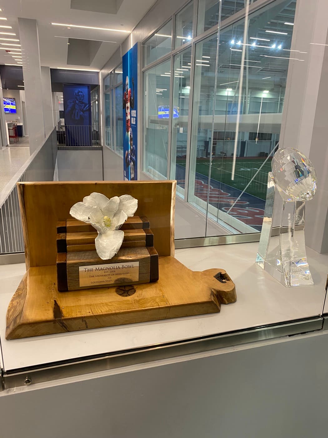 The Magnolia Bowl Trophy on display in the Manning Center at the University of Mississippi