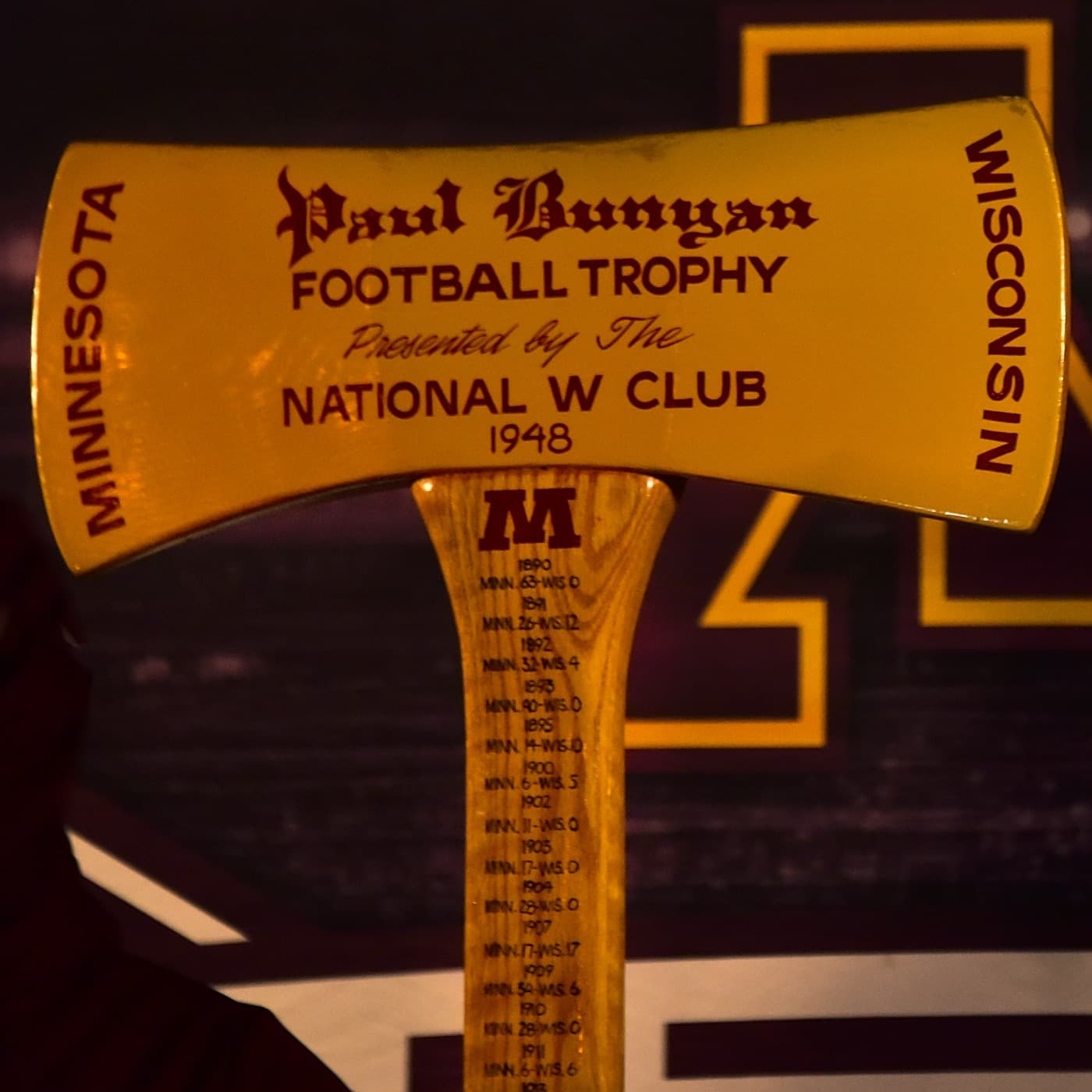 The current Paul Bunyan's Axe trophy on display at the Holidazzle Village in Minneapolis, December 20, 2018.