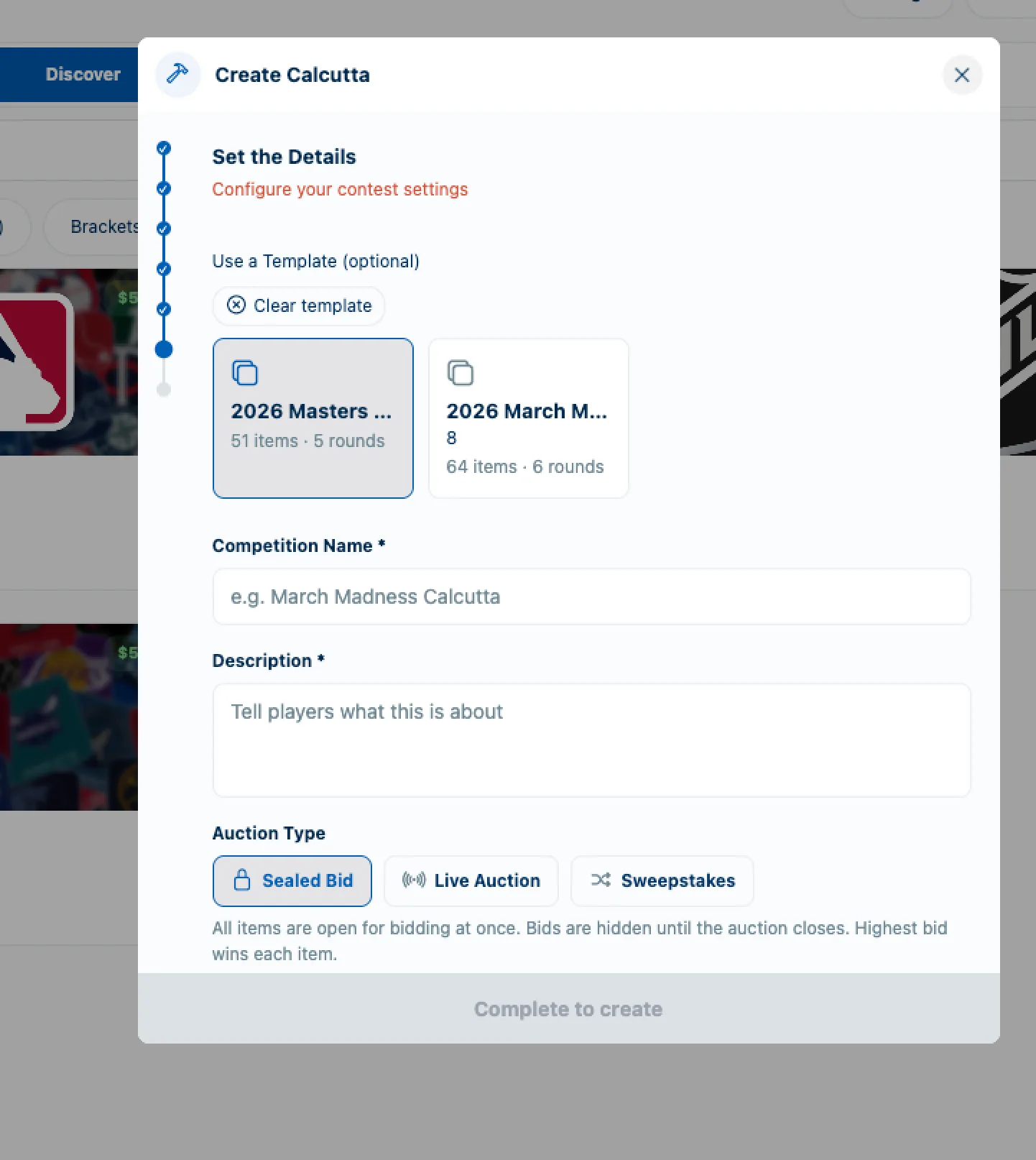 Select the template or event