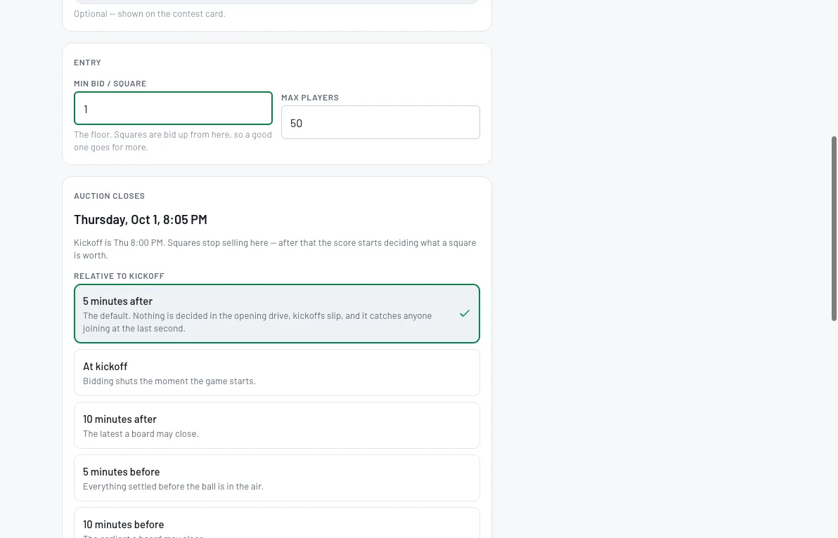 Set the minimum bid and when bidding closes