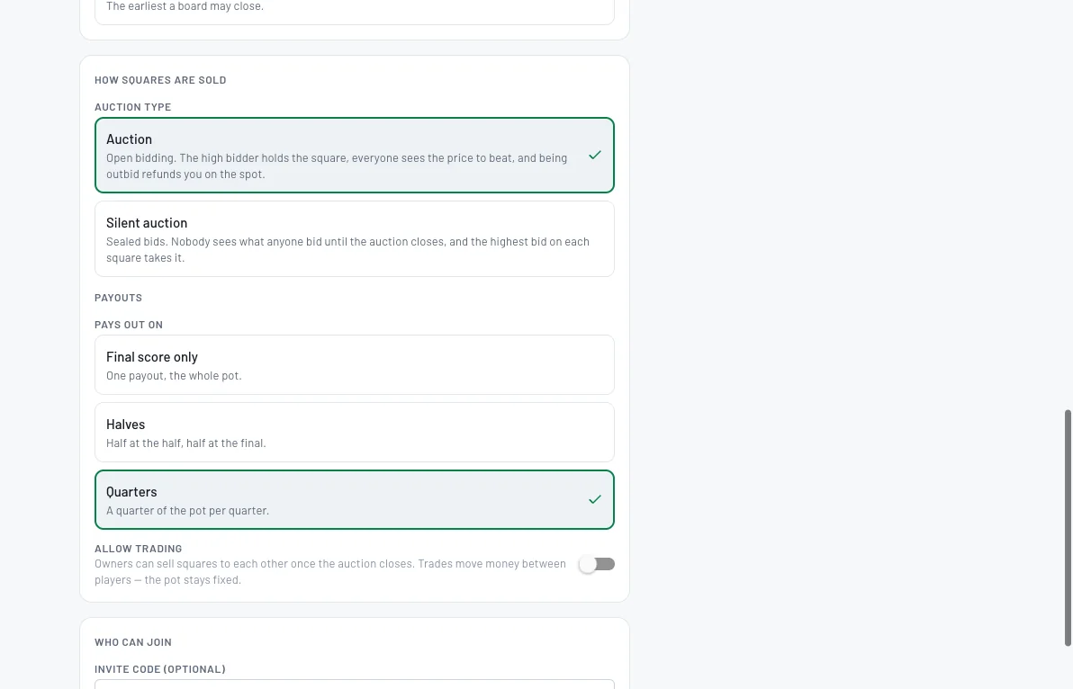 Choose the auction type and payouts