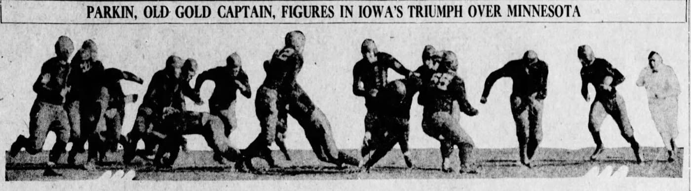 Newspaper photo of Iowa's Leland Parkin on a broken-field run against Minnesota, October 25, 1924