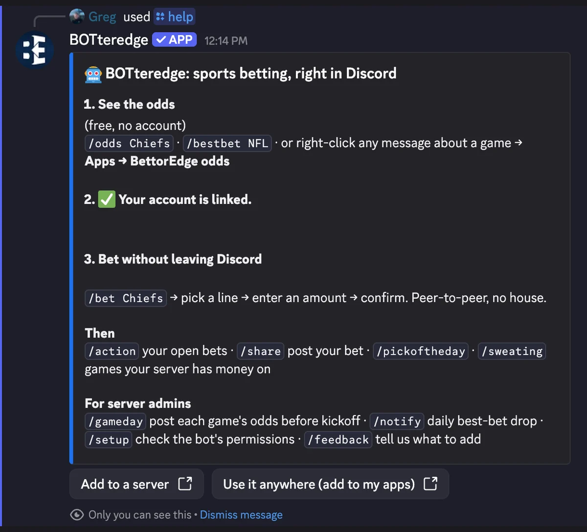 Type /help to see every command