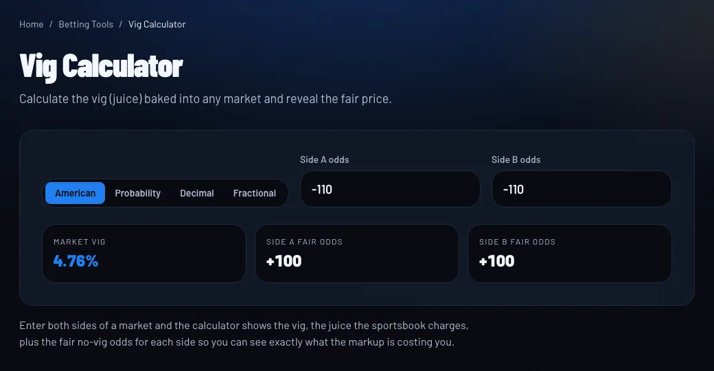 Check any line with the vig calculator