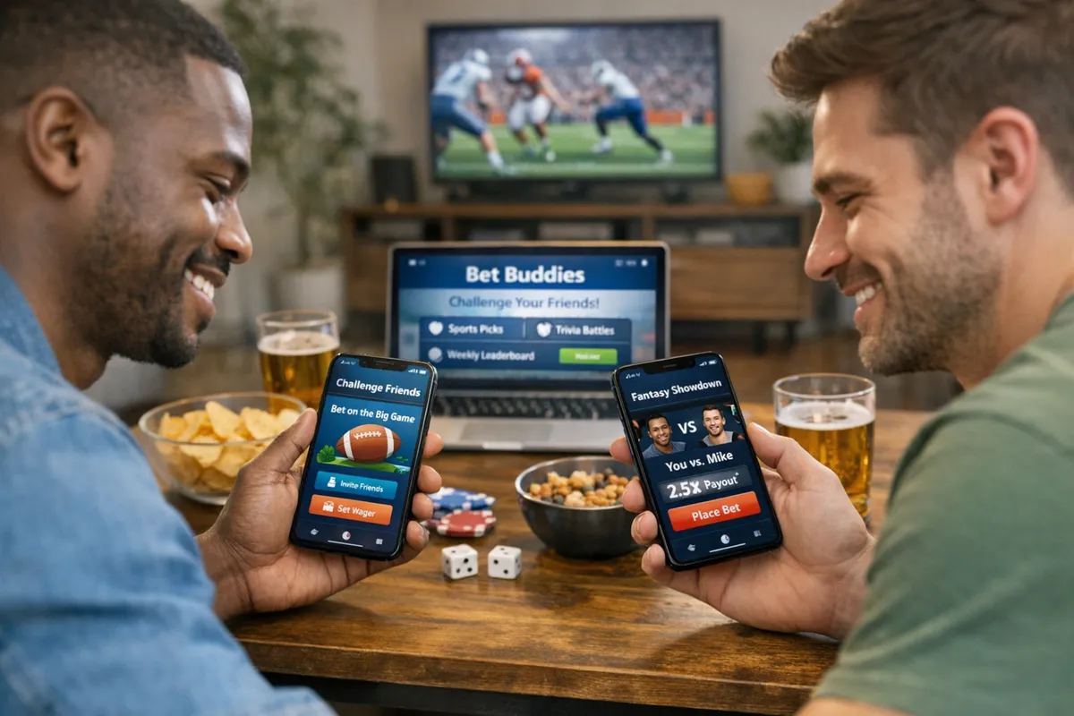Two friends at a table with drinks, each holding a phone open to a bet with friends app, challenging each other on a football game playing on the TV