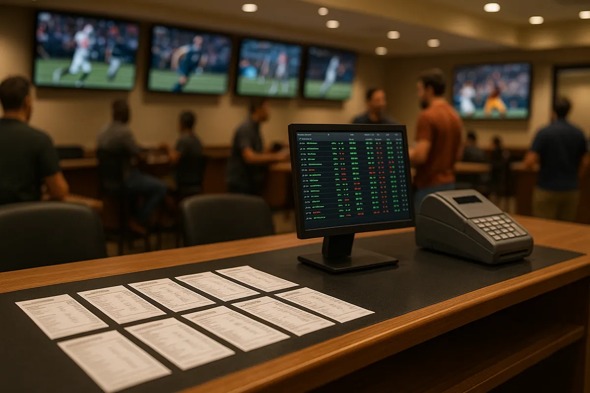 Sportsbook counter with a betting odds screen, a ticket printer and printed bet slips, with bettors watching games on wall TVs, showing where sportsbooks make money