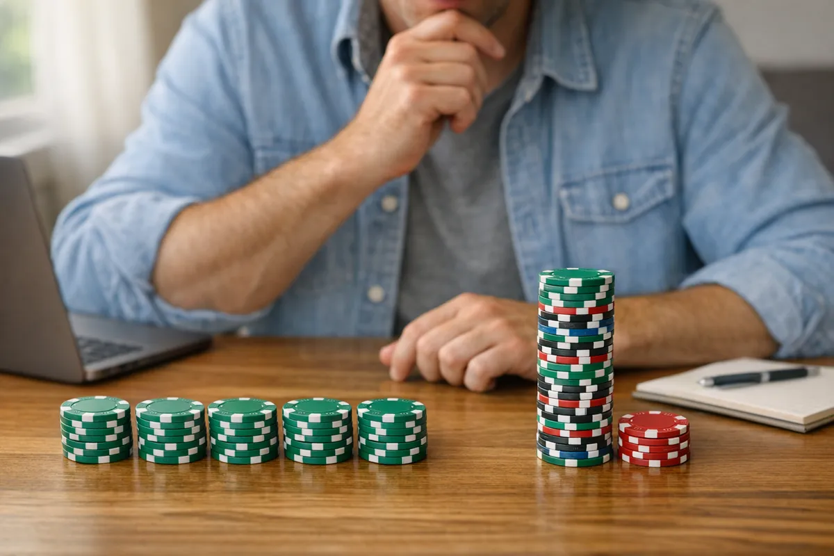 Bettor weighing five equal stacks of green chips against one tall mixed stack, flat betting versus Kelly criterion staking