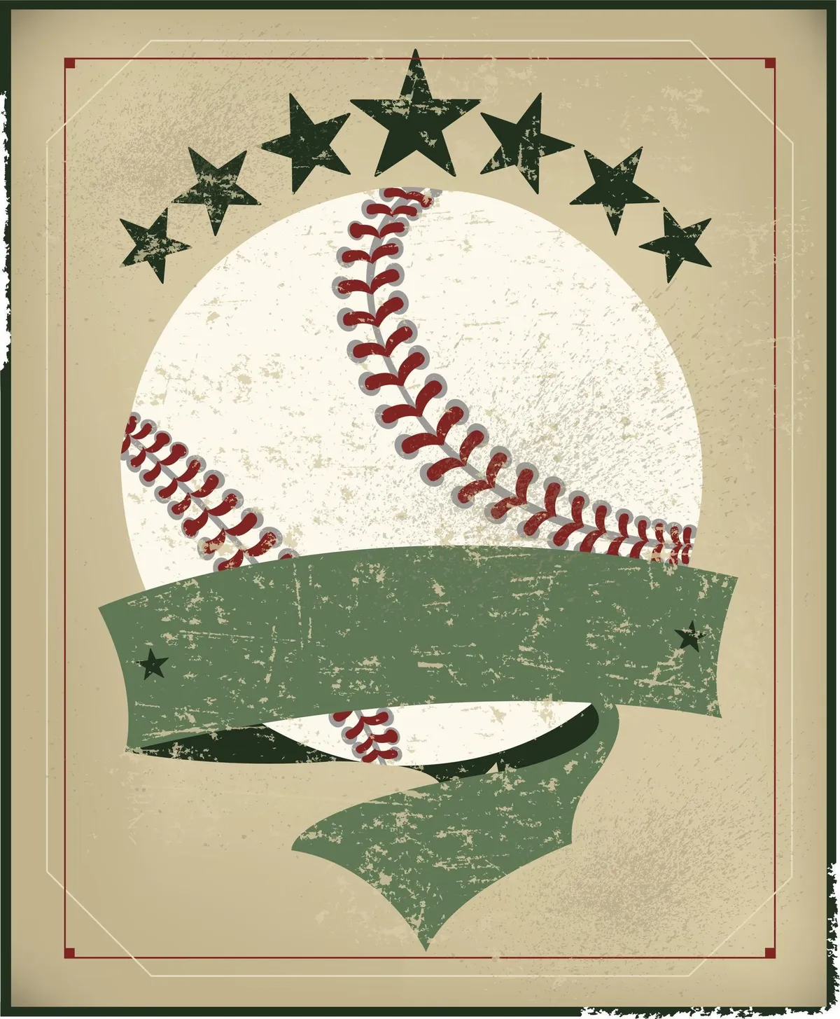 Vintage-style baseball illustration with a row of stars above the ball and a blank green banner across it