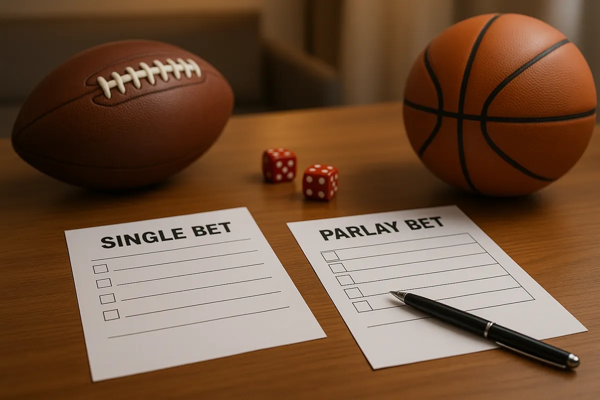 Two bet slips side by side on a table, one labeled single bet and one labeled parlay bet, between a football and a basketball