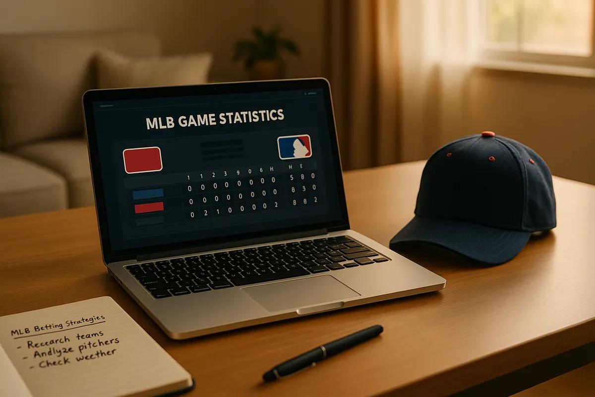 Laptop showing MLB game statistics next to a navy baseball cap and a notebook of MLB betting strategy notes