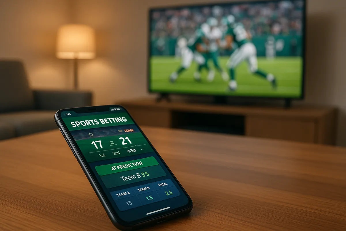 Phone on a coffee table showing a live sports betting app with in-game odds while a football game plays on the TV behind it