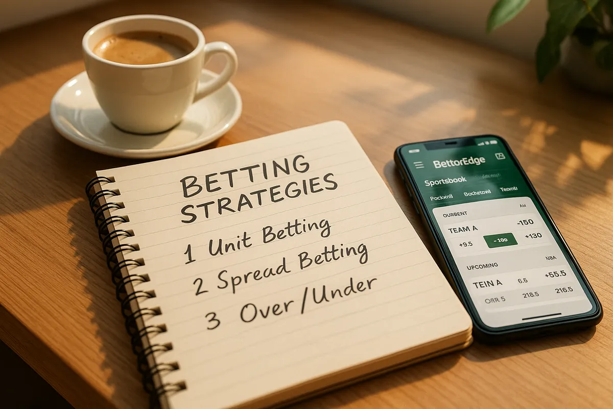 Notebook listing betting strategies with unit betting first, next to a phone showing BettorEdge odds and a cup of coffee