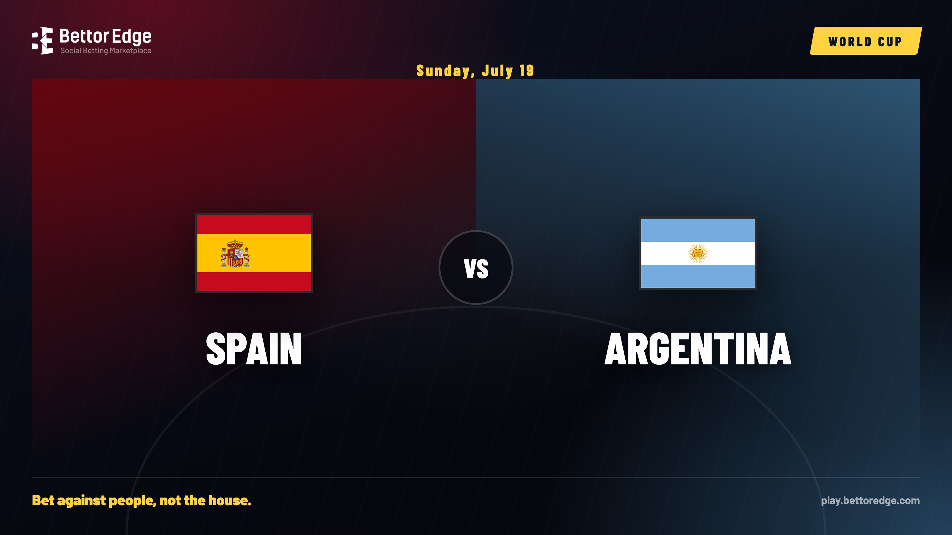 BettorEdge card: Spain vs Argentina 2026 World Cup final at MetLife Stadium, Spain the community favorite and Argentina the underdog