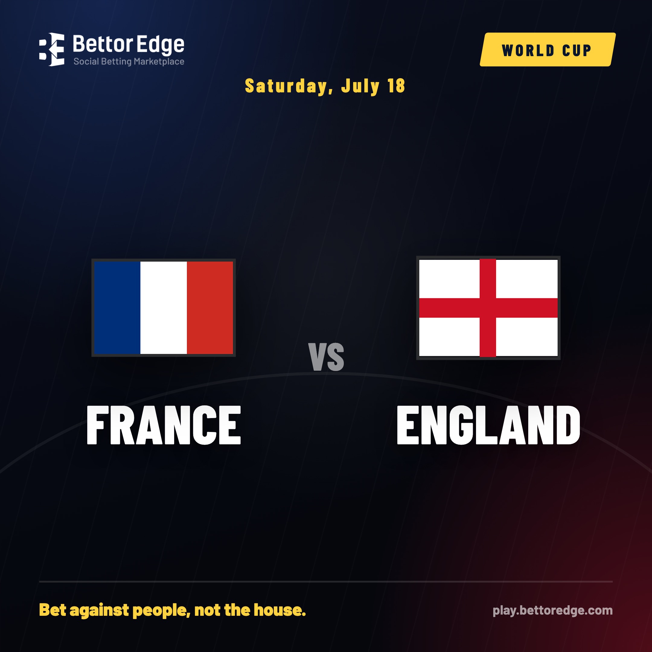 BettorEdge card: France vs England 2026 World Cup third place playoff, France favored around -115 with England the underdog