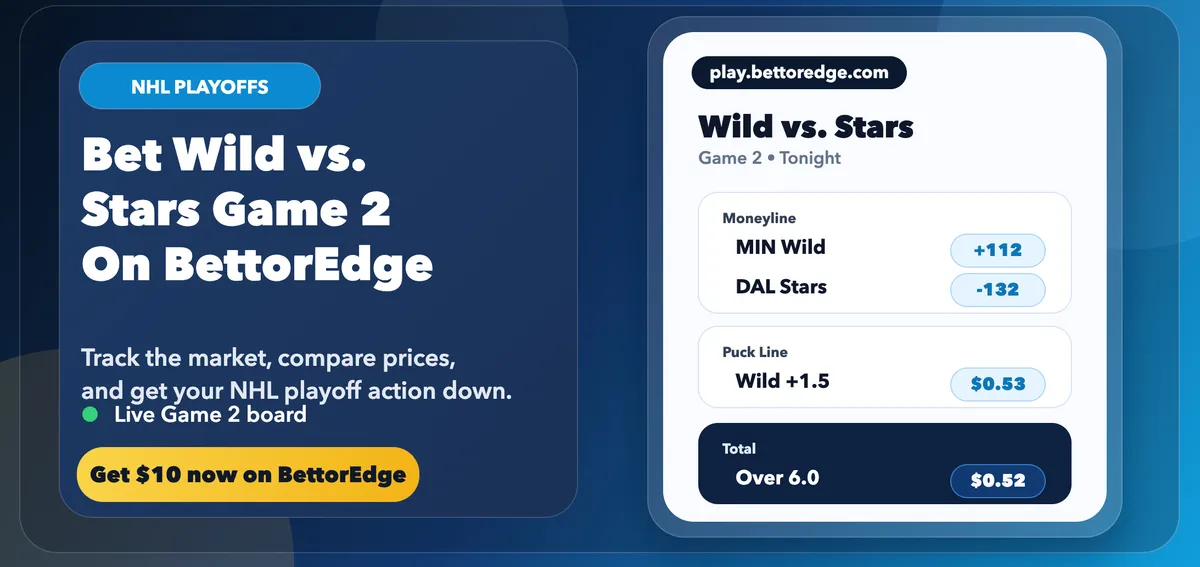 BettorEdge Wild vs Stars Game 2 CTA graphic with playoff market board