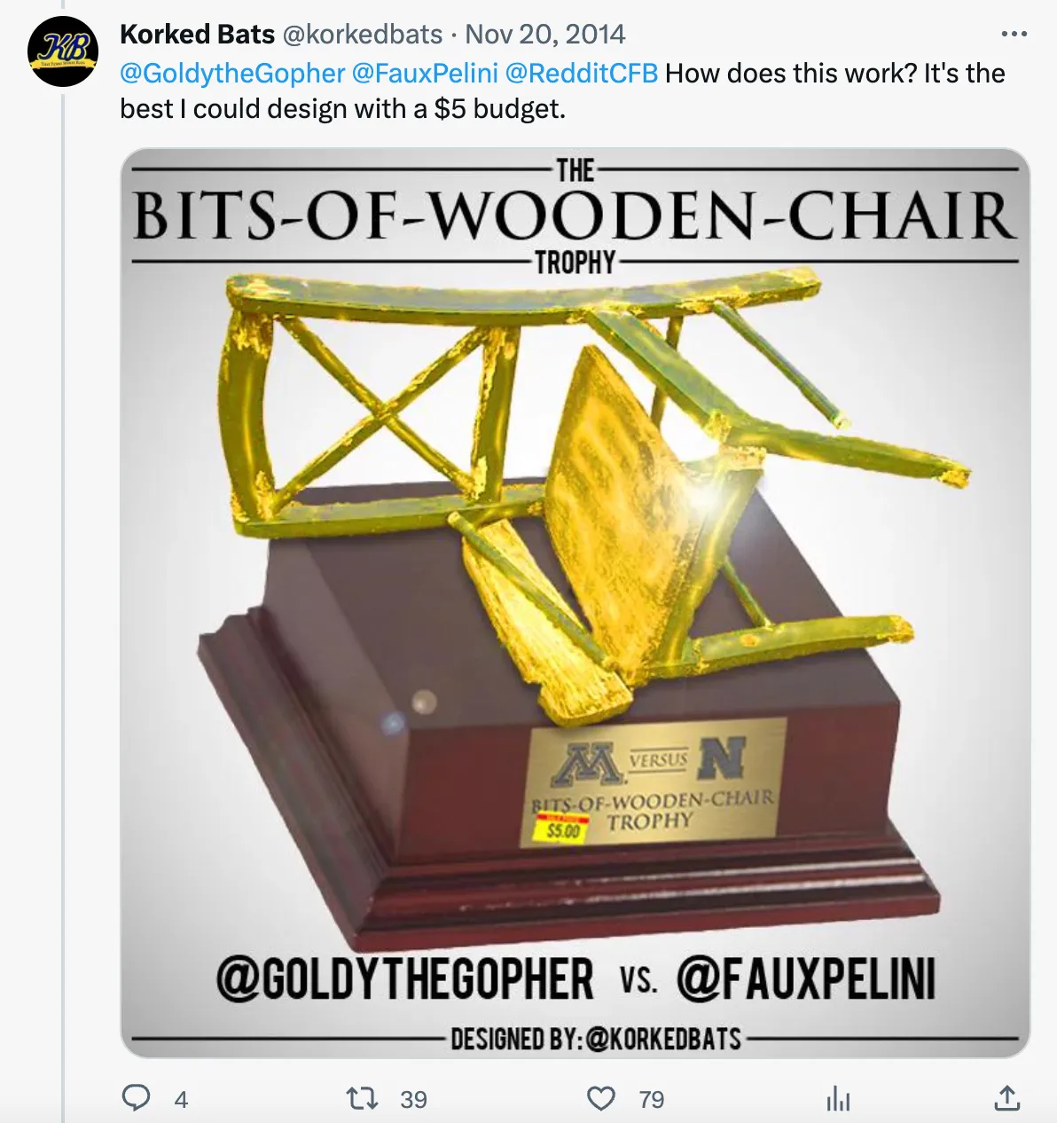 The $5 Bits of Broken Chair Trophy is a community first initiative proven by tweets of the fans.