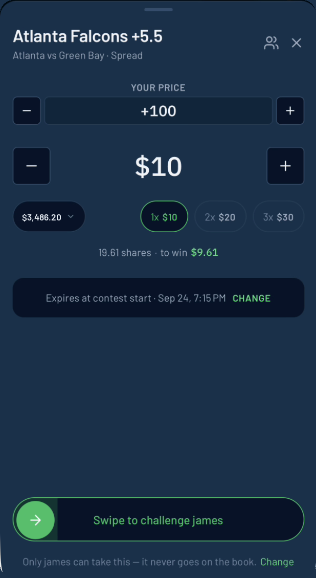 A BettorEdge order ticket that leads with your price, set to challenge a friend on Atlanta Falcons +5.5 for $10