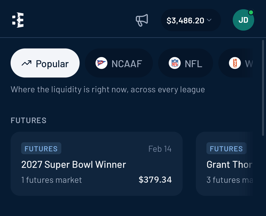 The Popular tab in the BettorEdge app with the Futures shelf showing the 2027 Super Bowl Winner market