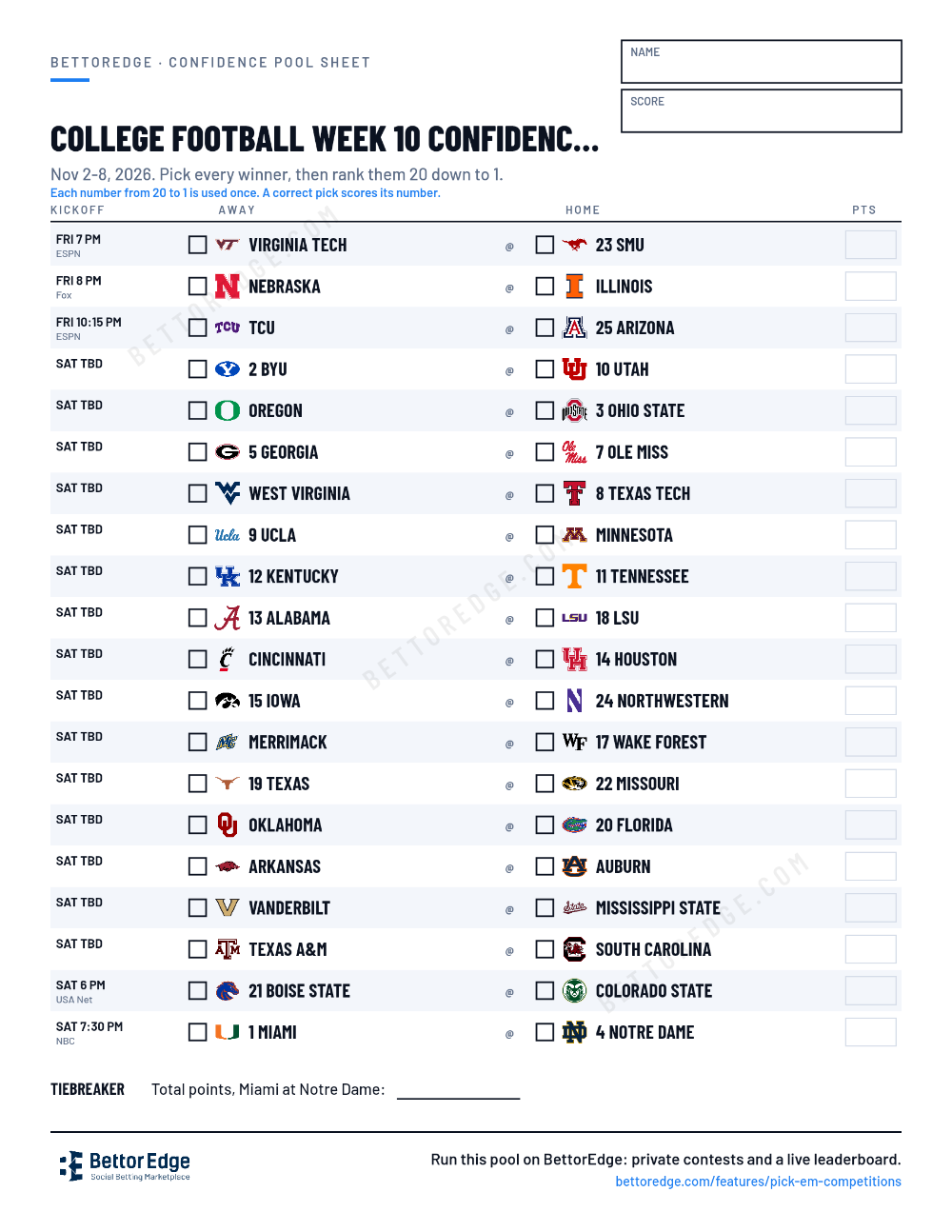 College Football Week 10 confidence pool sheet, free printable with every game