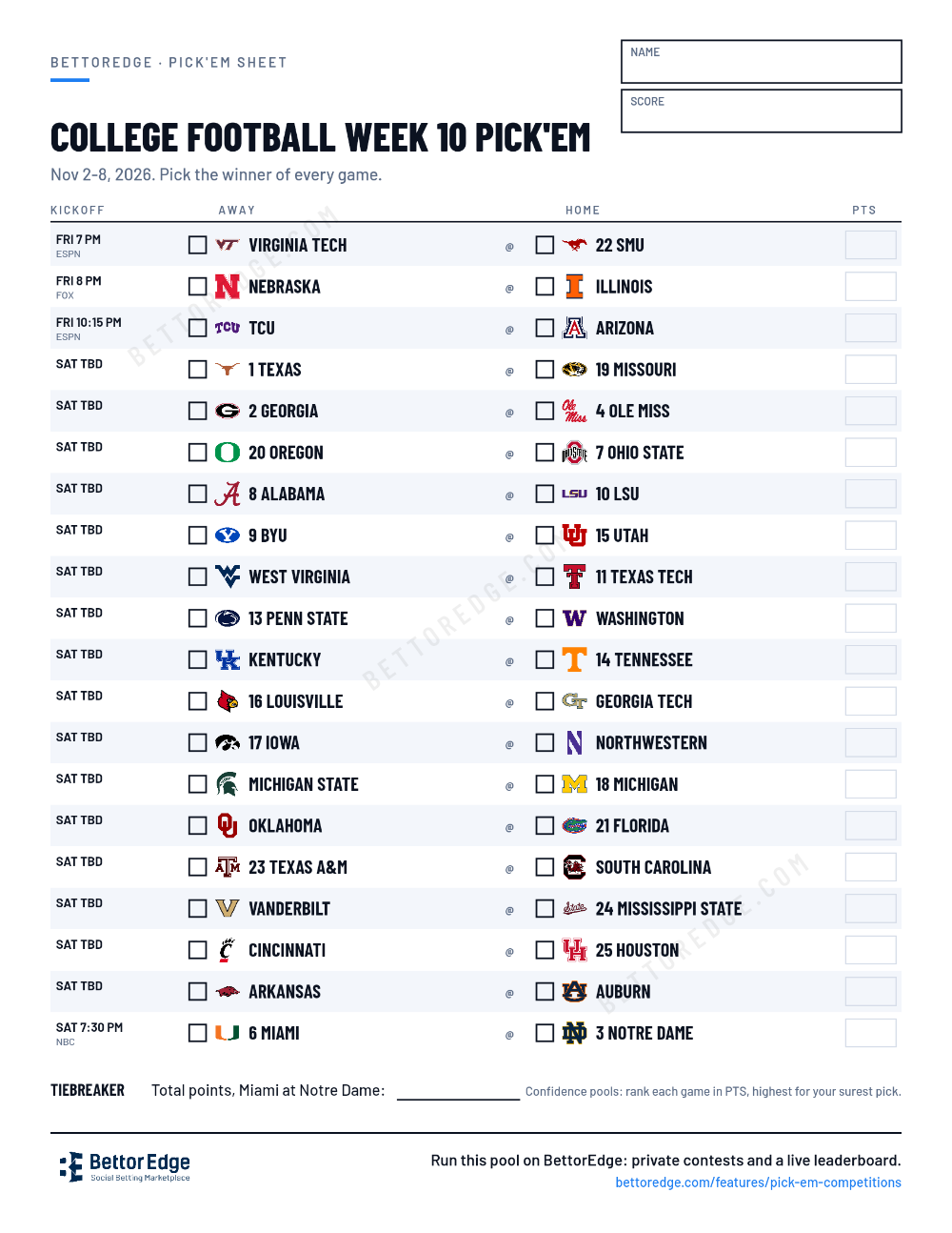 College Football Week 10 pick'em sheet, free printable with every game