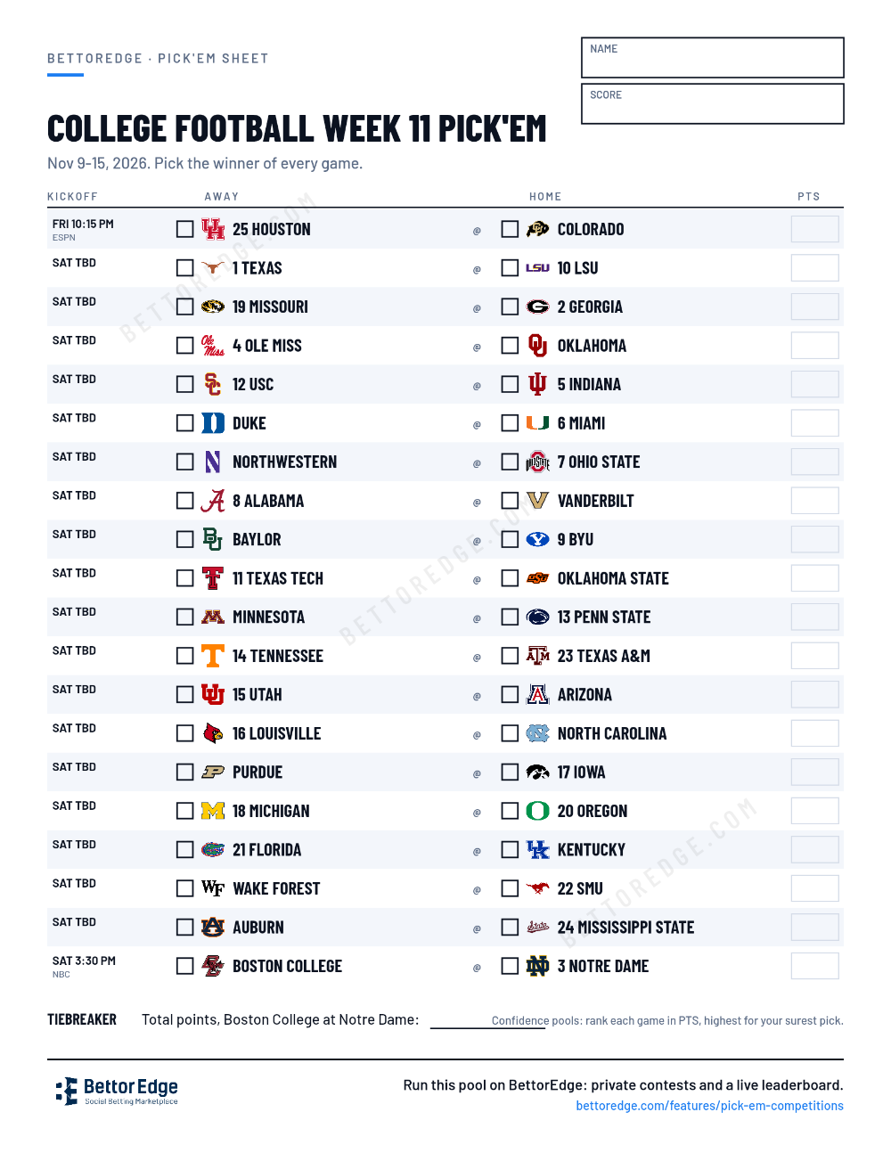 College Football Week 11 pick'em sheet, free printable with every game