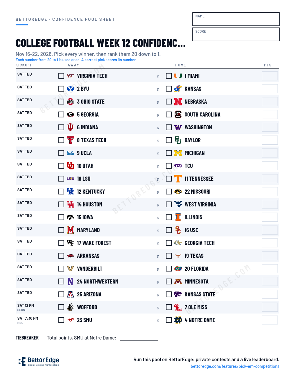 College Football Week 12 confidence pool sheet, free printable with every game