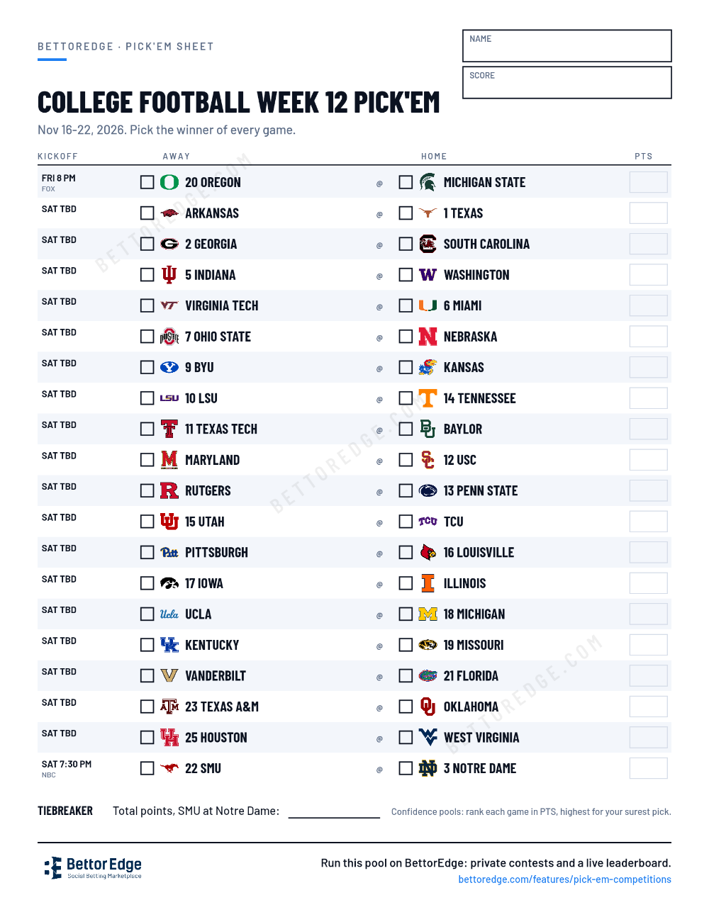College Football Week 12 pick'em sheet, free printable with every game