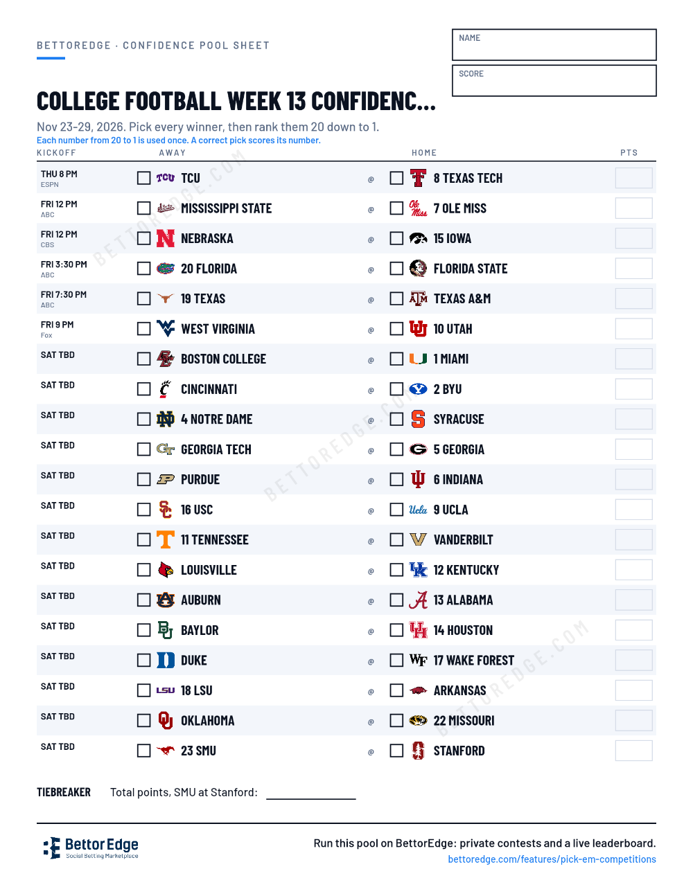 College Football Week 13 confidence pool sheet, free printable with every game