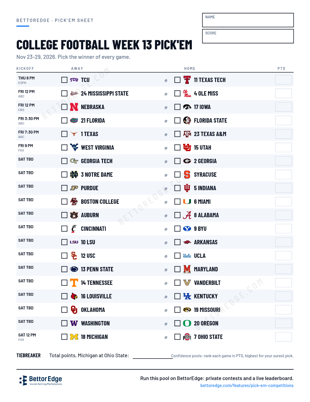 College Football Week 13 pick'em sheet, free printable with every game