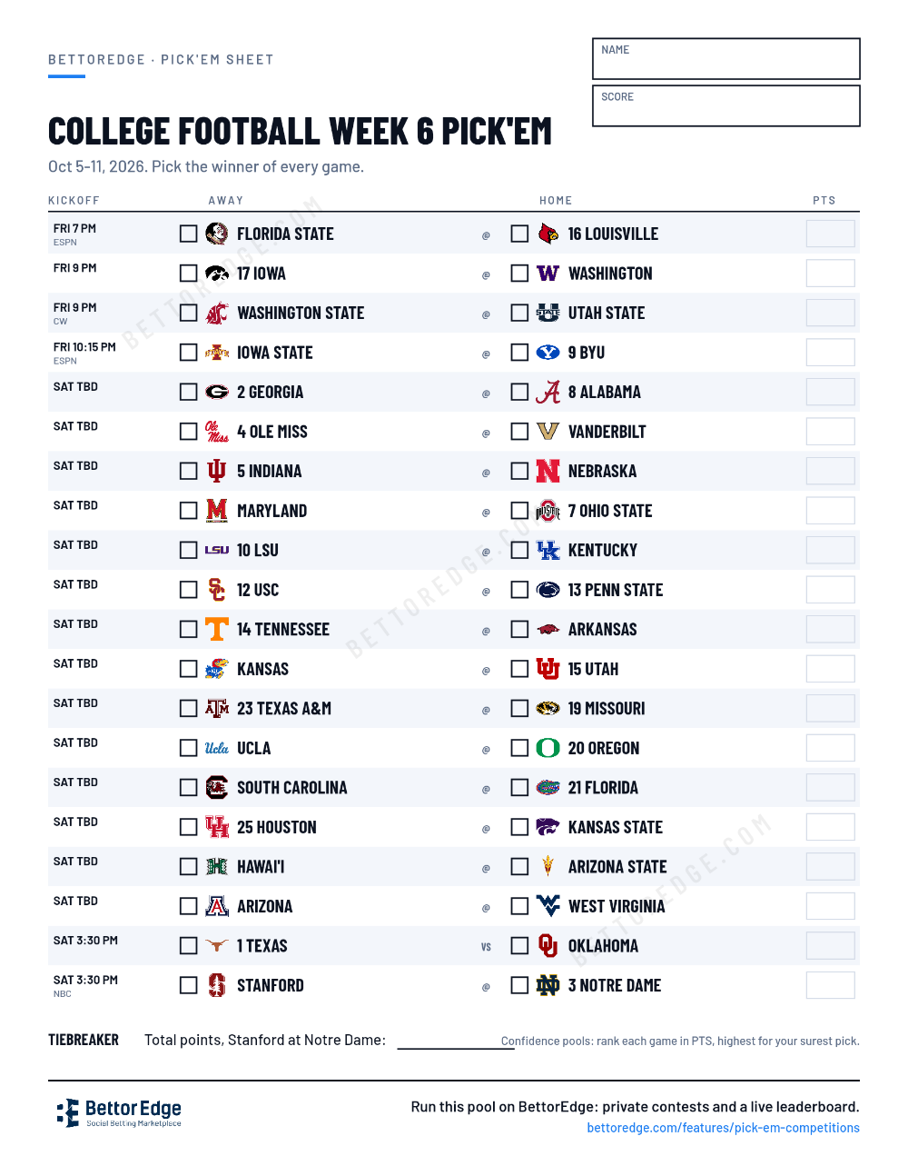 College Football Week 6 pick'em sheet, free printable with every game