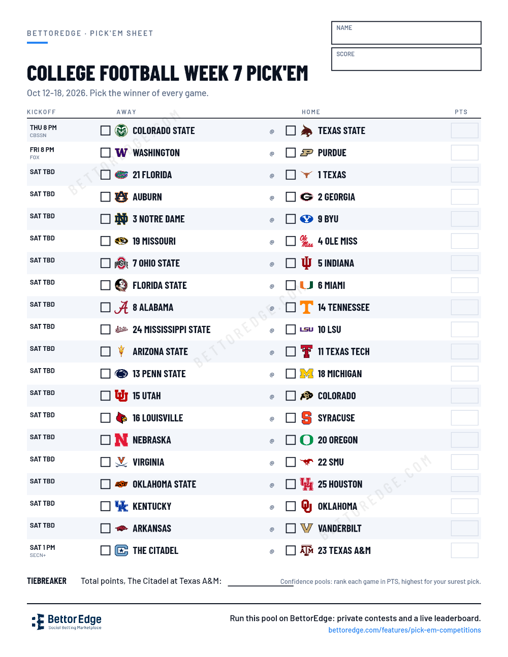 College Football Week 7 pick'em sheet, free printable with every game