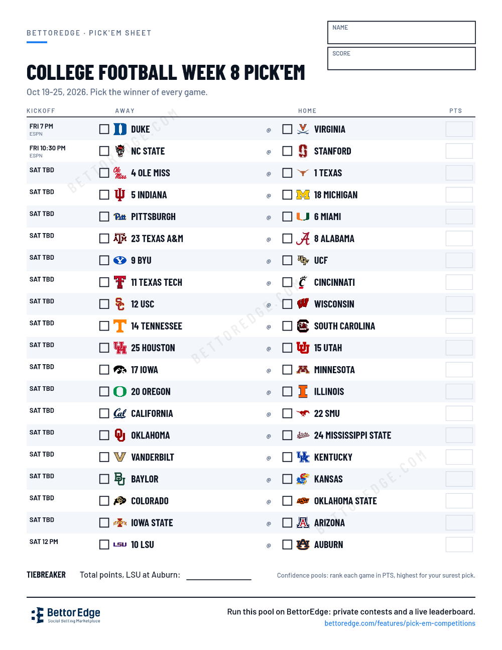 College Football Week 8 pick'em sheet, free printable with every game