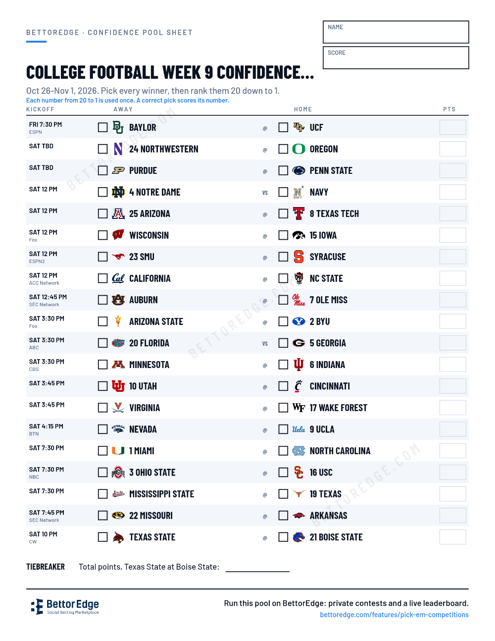 College Football Week 9 confidence pool sheet, free printable with every game