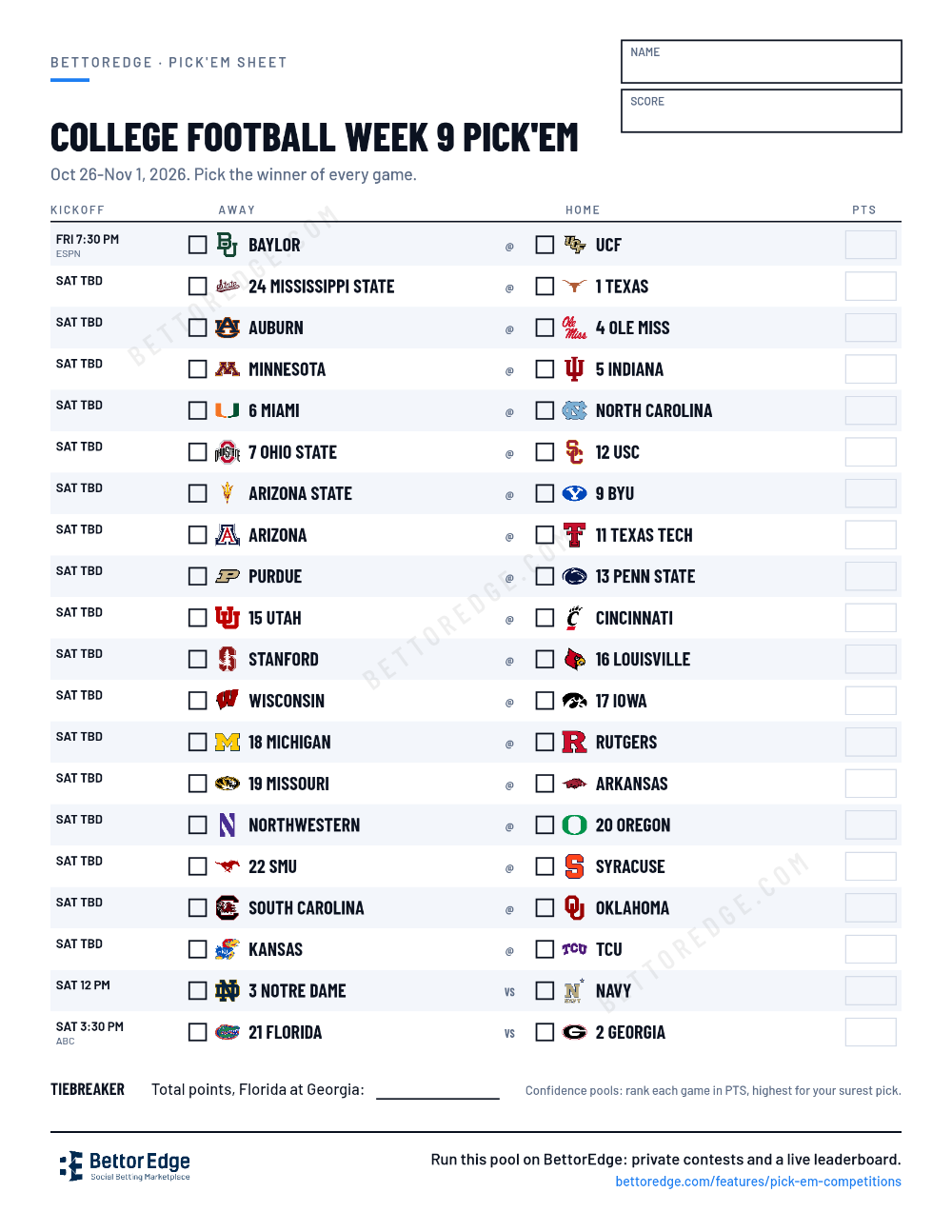 College Football Week 9 pick'em sheet, free printable with every game