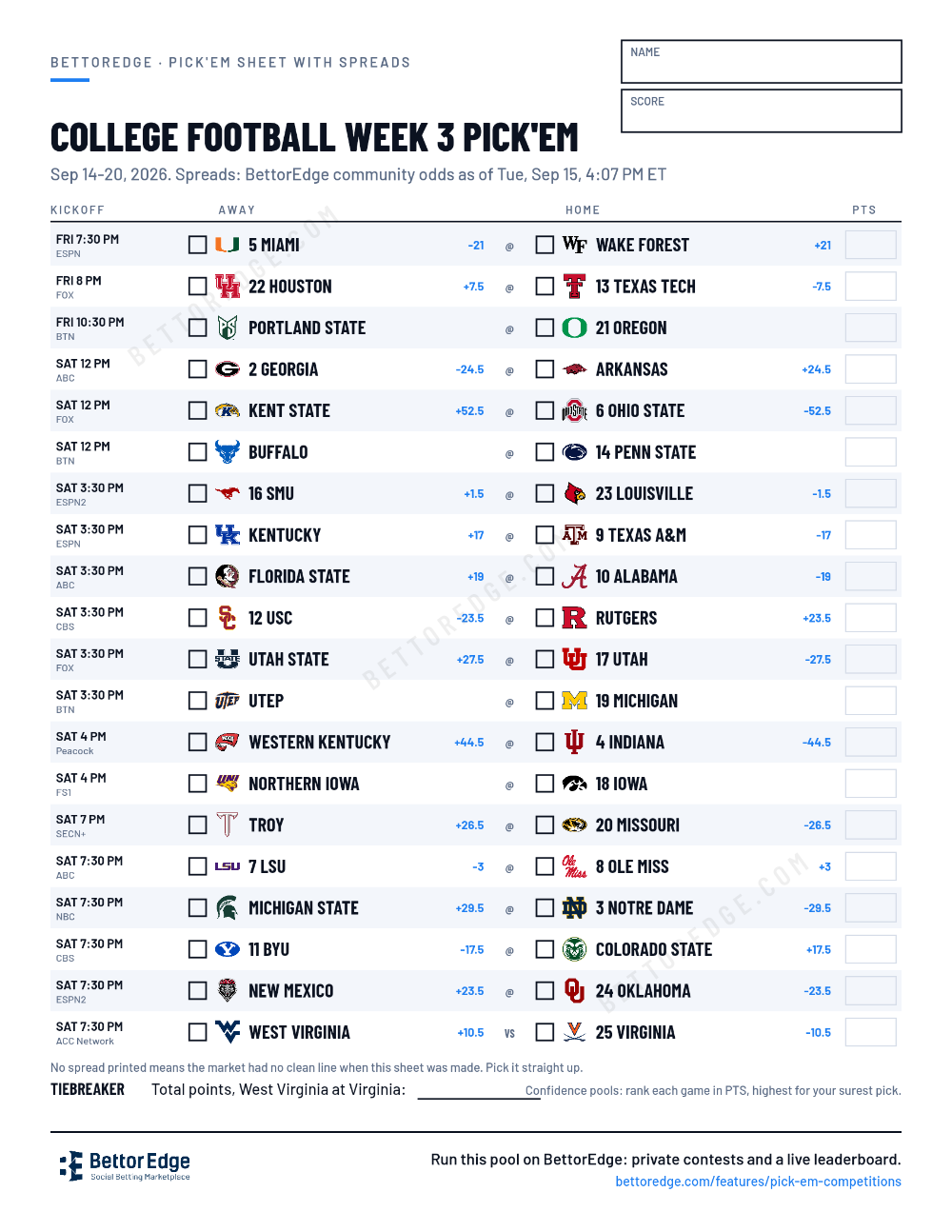 College Football Week 3 pick'em sheet, free printable with every game and its spread