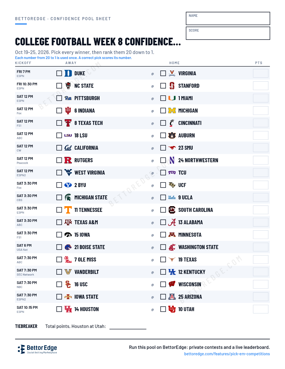 College Football Week 8 confidence pool sheet, free printable with every game