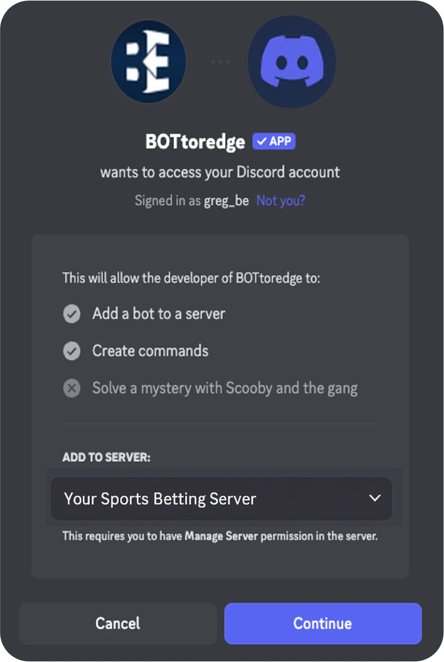 Discord authorize screen adding the BettorEdge bot to a server