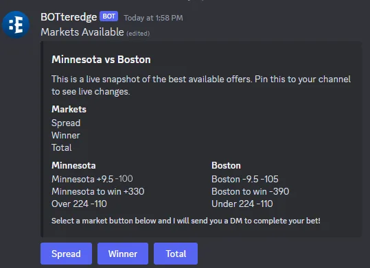BettorEdge bot posting live Minnesota vs Boston markets with Spread, Winner, and Total buttons