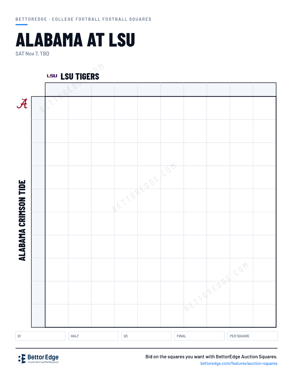 Alabama at LSU squares, free printable 10x10 football squares grid