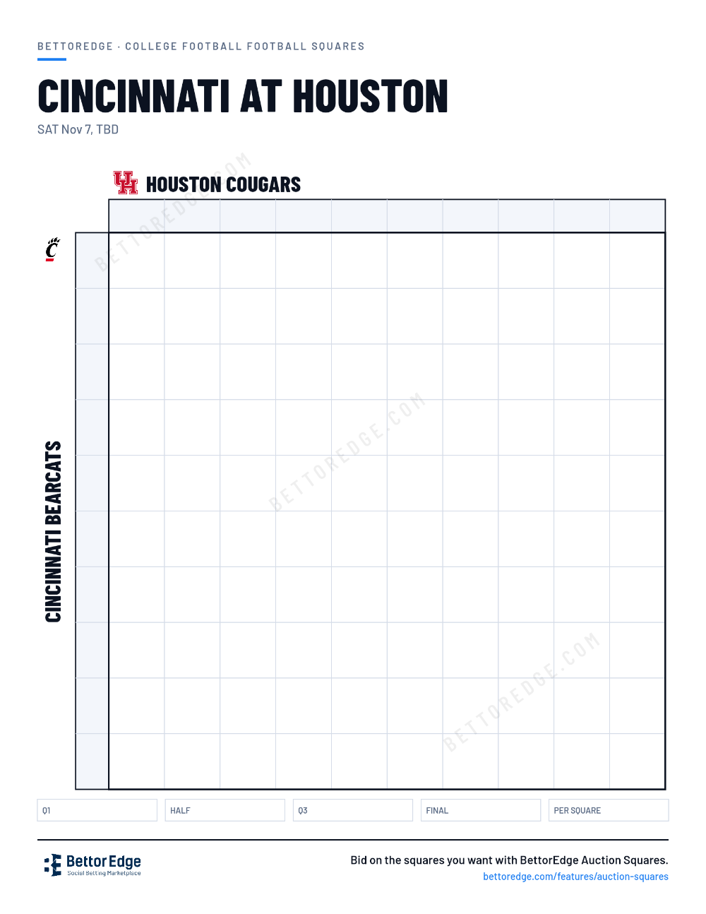 Cincinnati at Houston squares, free printable 10x10 football squares grid