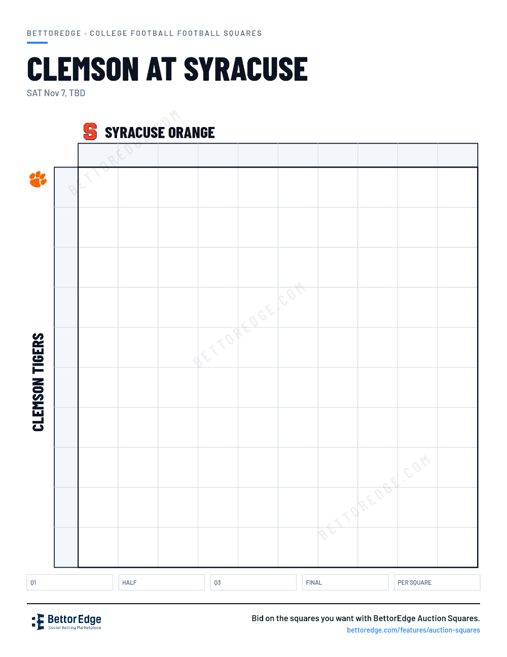 Clemson at Syracuse squares, free printable 10x10 football squares grid