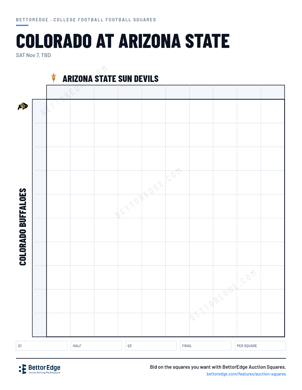 Colorado at Arizona State squares, free printable 10x10 football squares grid