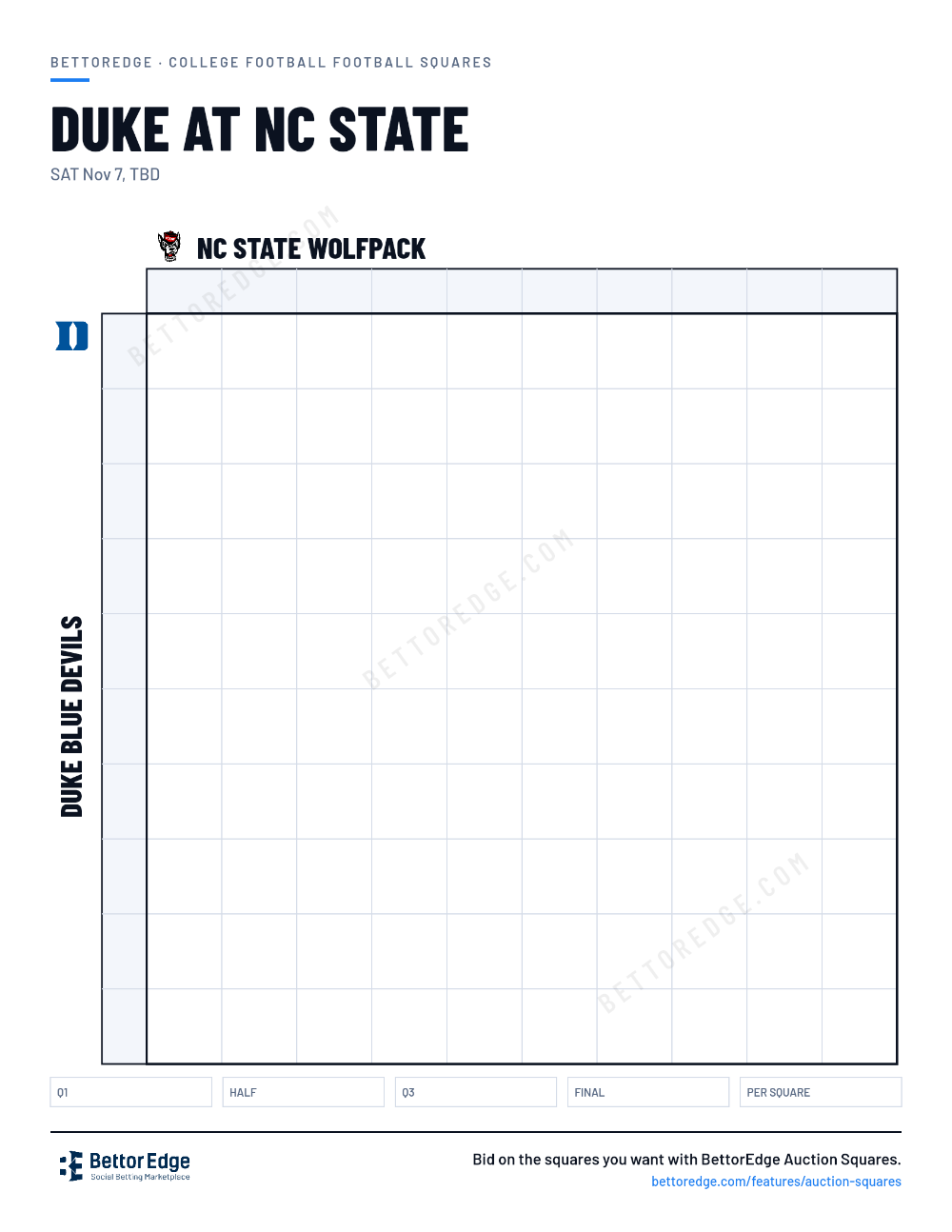 Duke at NC State squares, free printable 10x10 football squares grid