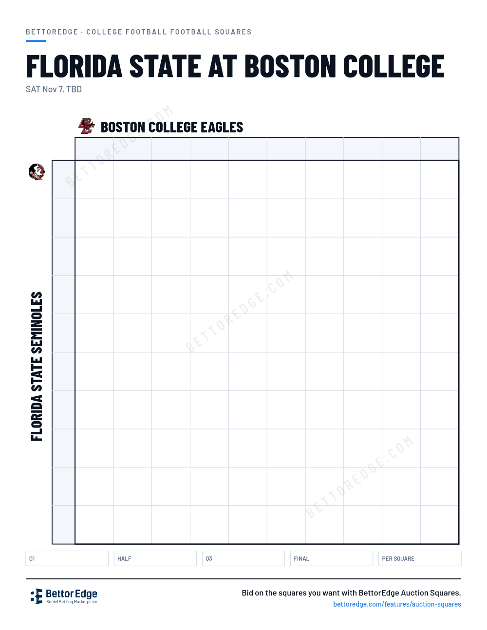 Florida State at Boston College squares, free printable 10x10 football squares grid