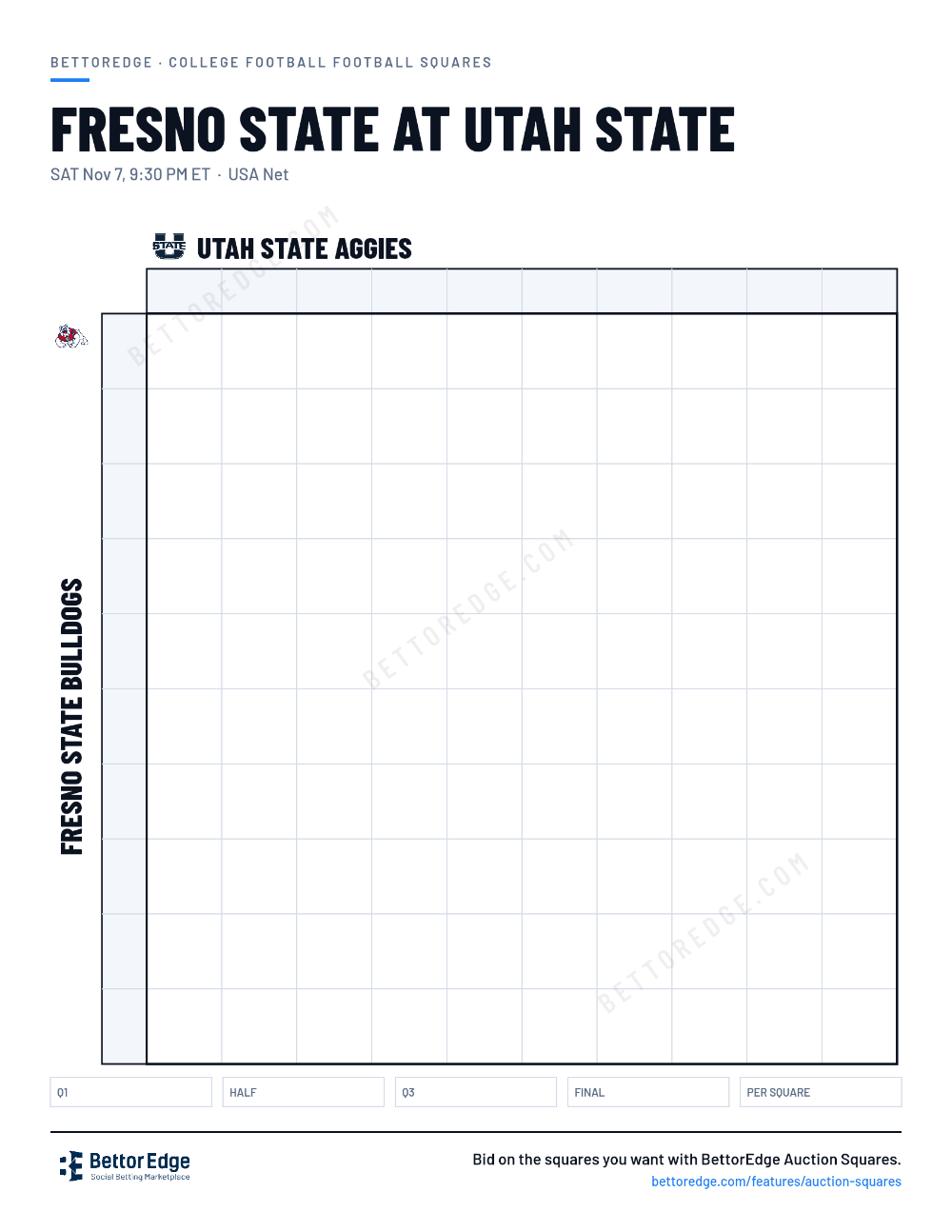 Fresno State at Utah State squares, free printable 10x10 football squares grid